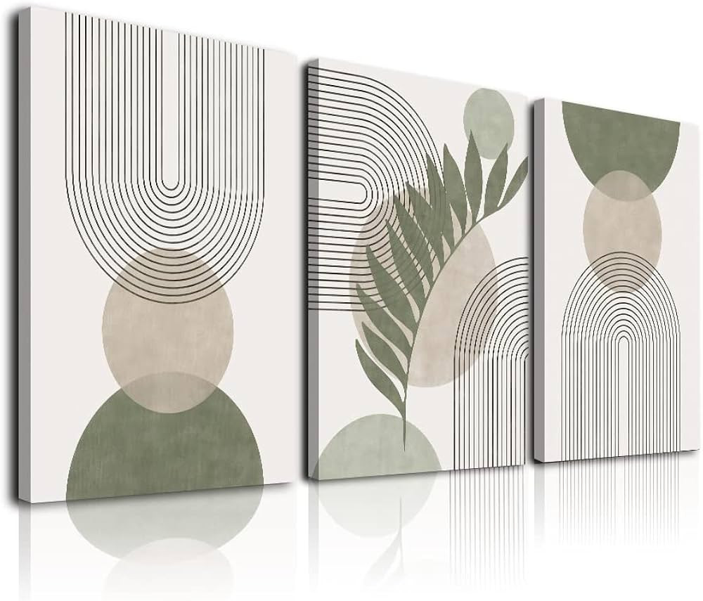 KBKBART Sage Green Boho Wall Art Set of 3, Minimalist Framed Wall Art Geometric Line Leaf Sun Moo... | Amazon (CA)