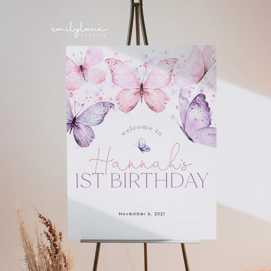 Butterfly 1st Birthday Welcome Sign, Pink Butterfly Birthday Welcome Sign, 1st Birthday Sign, Pur... | Etsy (US)