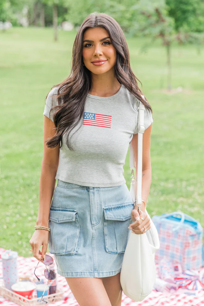 Blue Jean Baby Grey Ribbed Flag Appliqué Baby Tee | Pink Lily