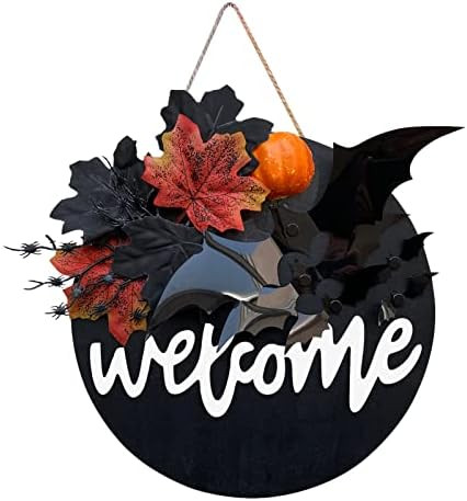 Whesamy Welcome Halloween Wreaths for Front Door Sign Outdoor Decor Black Maple Leaves and Bat Woode | Amazon (US)