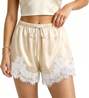 Satin Silk Lace Shorts for Women Elastic Waist Drawstring Lace Trim Shorts Casual Outerwear Pajam... | Amazon (US)