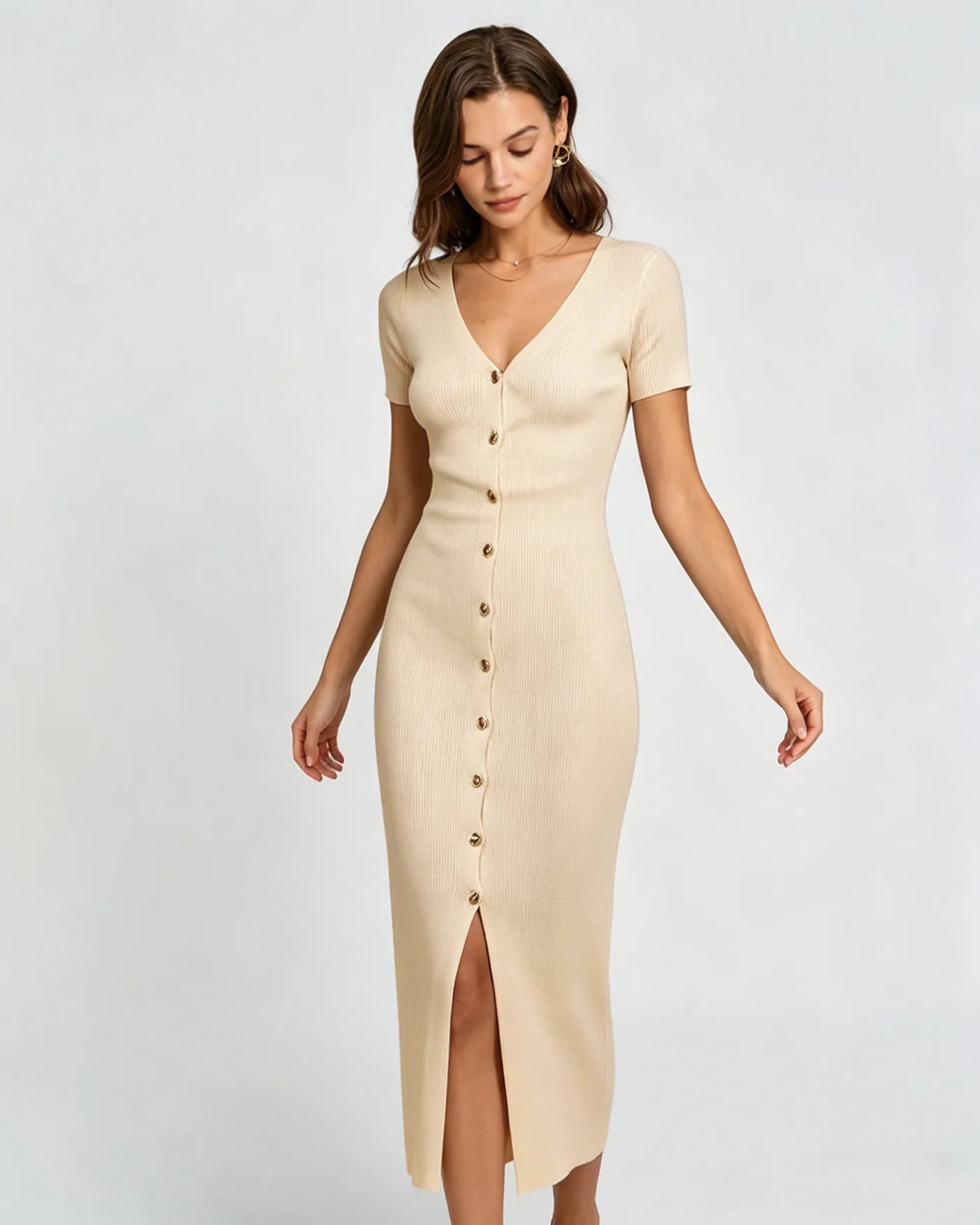 Apricot V Neck Bodycon Sweater Dress & Reviews - Apricot - Dresses | RIHOAS | rihoas.com