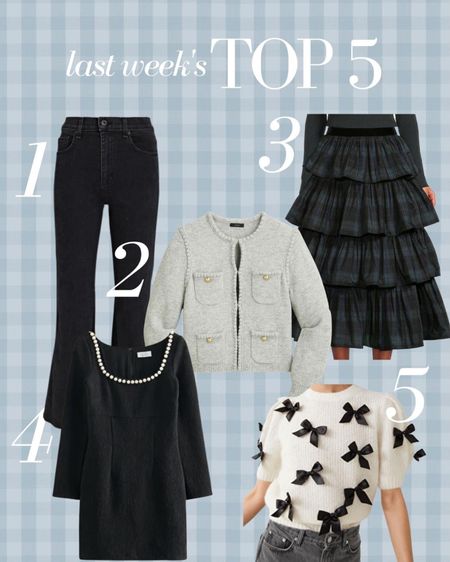 Last week’s top 5 best sellers! The pair of black denim you need this season, the lady jacket that is a best seller week after week, a tartan skirt for all of your holiday party needs, a fun little black dress and a bow sweater that pairs perfectly with the tartan skirt! 

#LTKstyletip #LTKHoliday #LTKworkwear