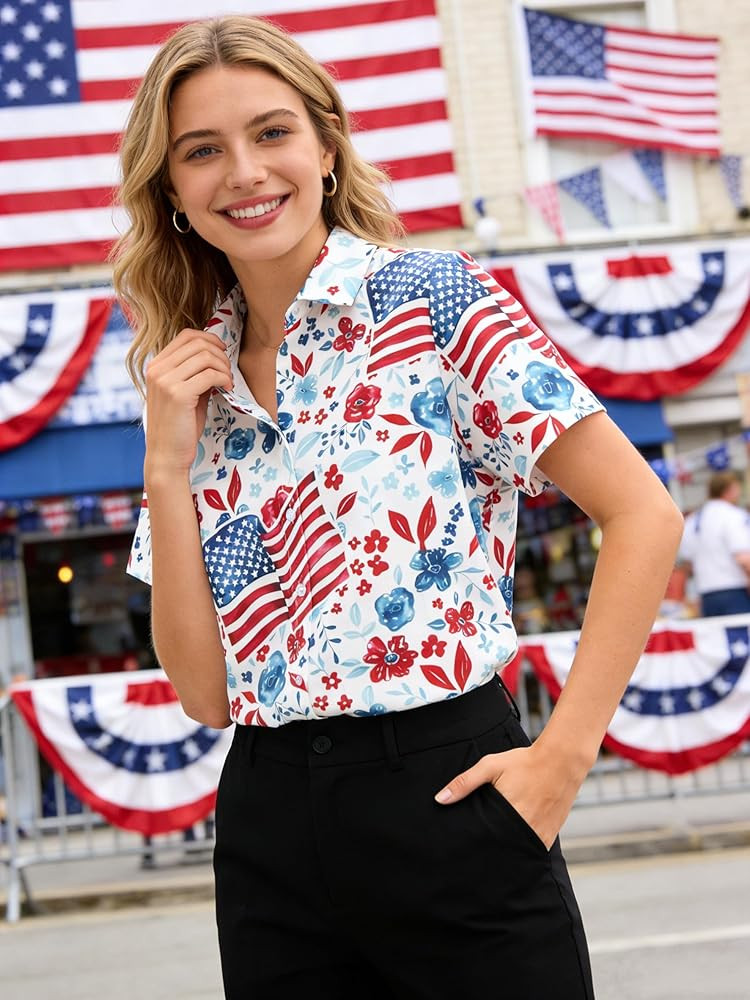 American Flag Shirt Women Patriotic Hawaiian Shirts 4th of July Tops Red White Blue Hawaii Floral... | Amazon (US)