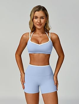 ABOCIW Workout Sets for Women 2 Piece Color Block Strappy Sports Bra High Waist Shorts Gym Yoga P... | Amazon (US)