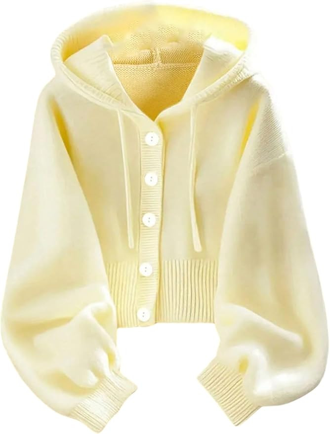 Verdusa Women's Button Up Hooded Cardigan Sweaters Lantern Sleeve Knit Outerwear Fall Outfits | Amazon (US)