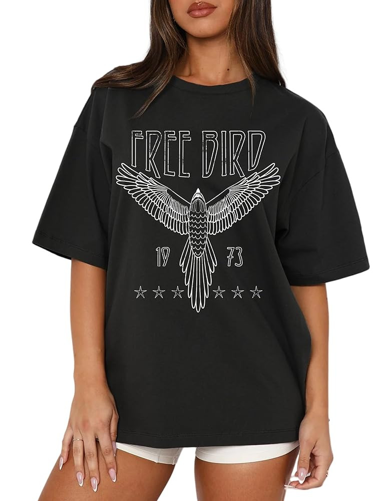 MAPICK Women Oversized Free Bird T-Shirts Vintage Eagle Graphic Short Sleeve Tees Casual Band Mus... | Amazon (US)