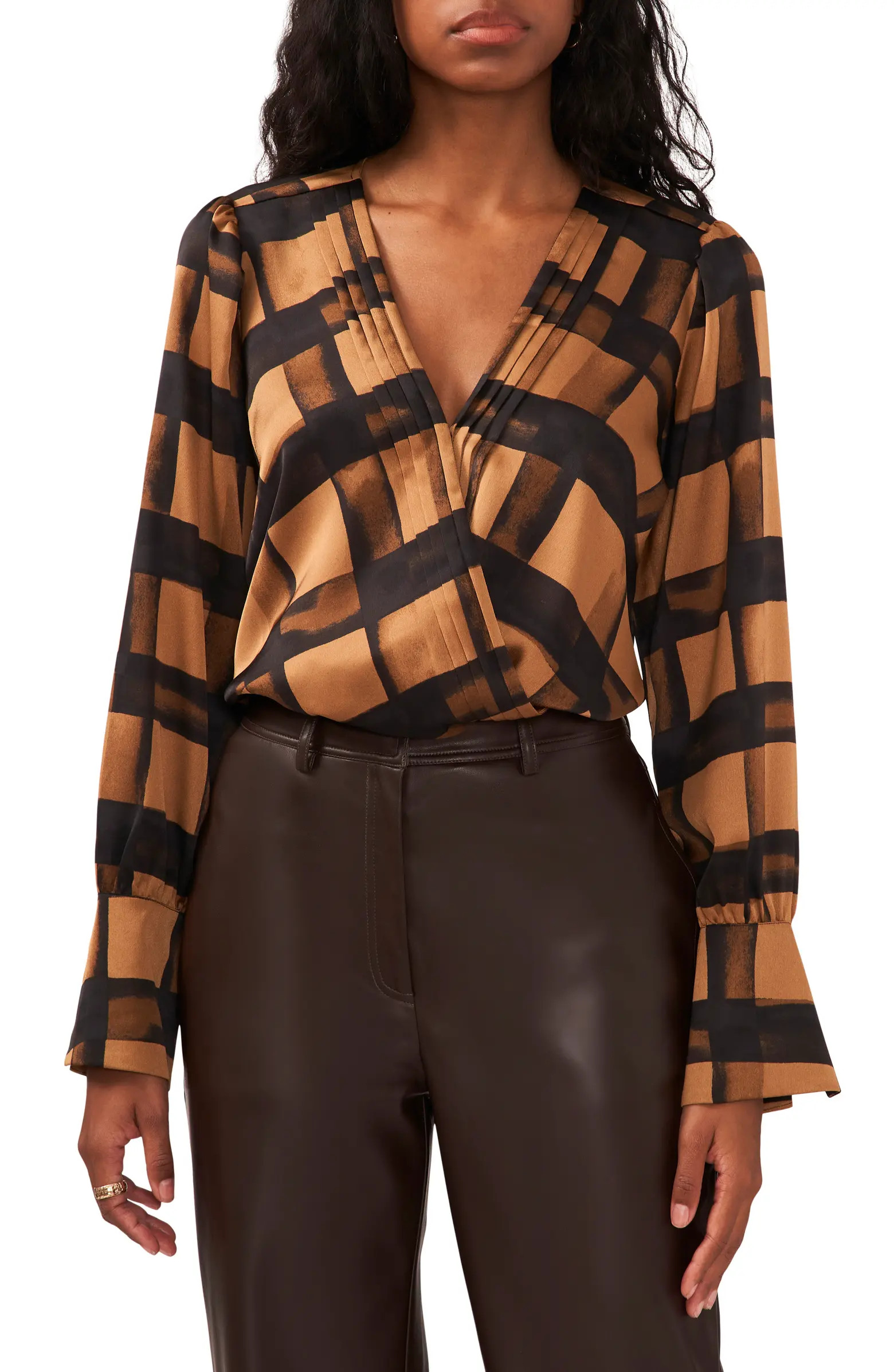 Halogen® Pleated Pintuck Plaid Wrap Front Blouse | Nordstrom | Nordstrom