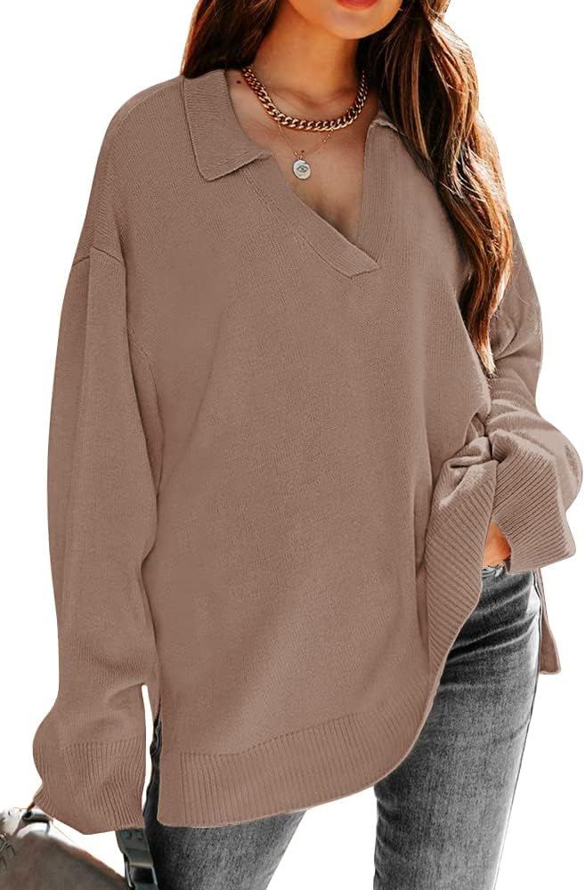 LILLUSORY Women's V Neck Collared Oversized Long Sleeve Knit Pullover Tunic Sweaters Top | Amazon (US)