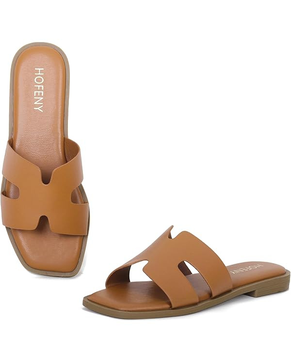 Womens Slip On Flat Sandals Soft Leather Open Toe Slide for Summer Dressy | Amazon (US)