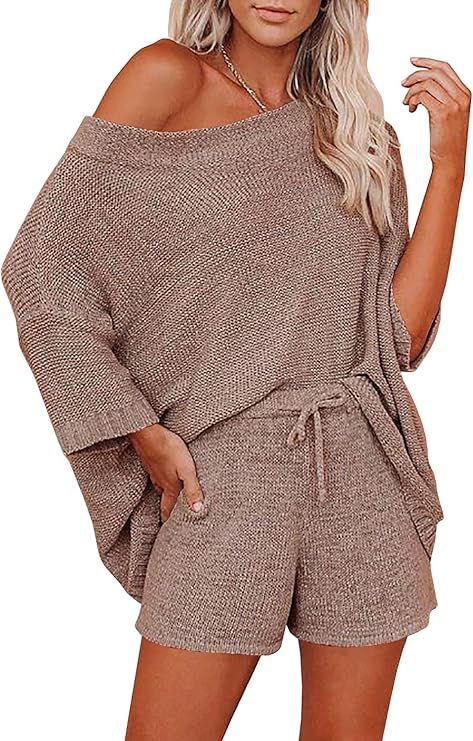 Ermonn Womens 2 Piece Outfits Sweater Sets Off Shoulder Knit Tops Waist Short Suits Casual Pajama... | Amazon (US)