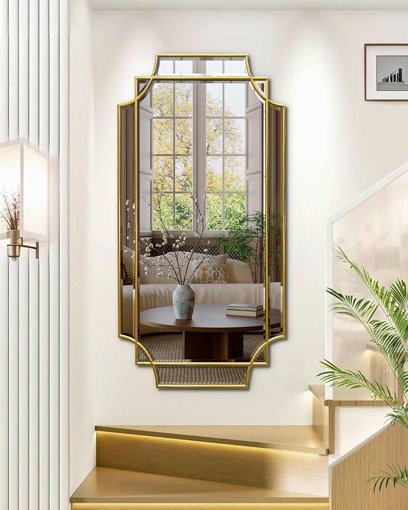 HQiJun Wall Mirror Full Length, 47" x 24" Gold Wood Framed Full Body Mirror, Scalloped Beveled Po... | Amazon (US)