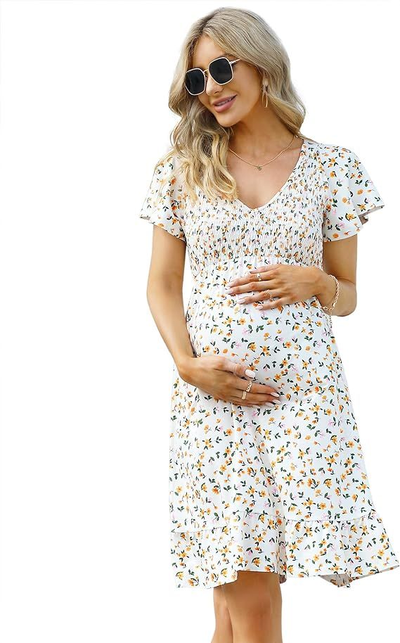 Women's Maternity Short Sleeve Ruffle Dress V Neck Summer Casual Smocked Flowy Midi Dress for Bab... | Amazon (US)