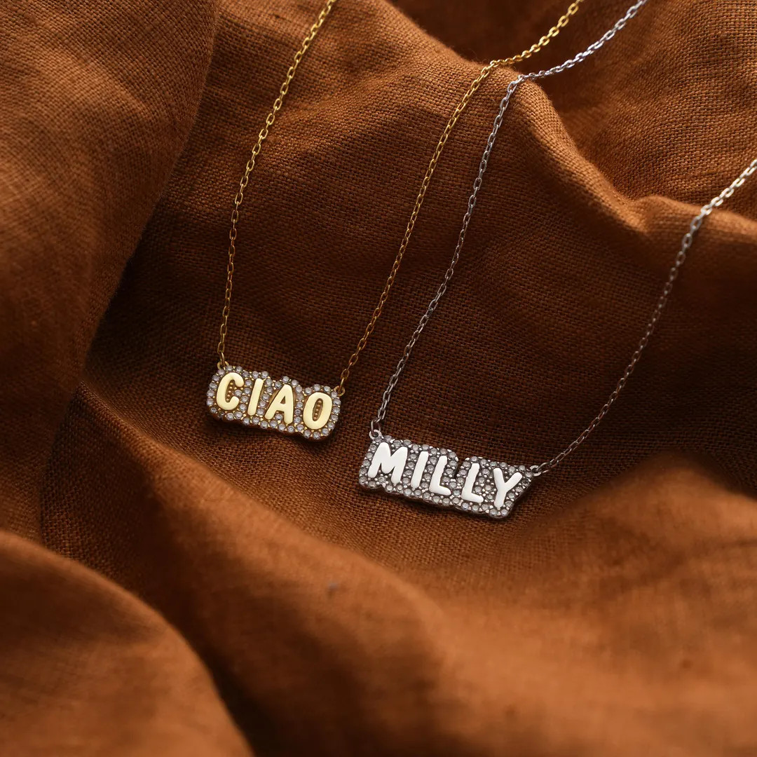 Pave Outline Bubble Letter Necklace Personalized Sterling Silver Name Necklace | Etsy (US)