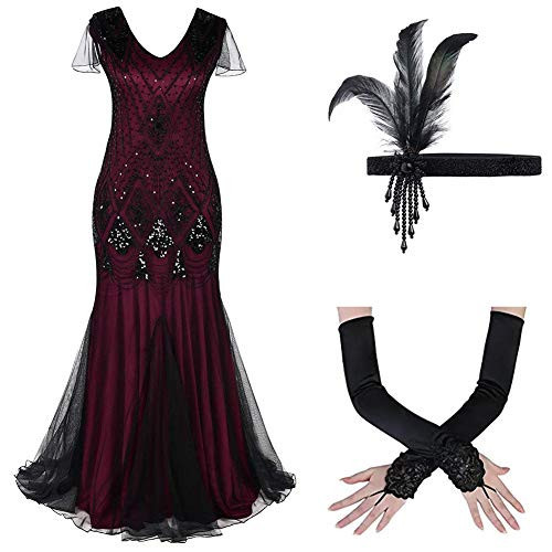 Women's 1920s Flapper Dress Vintage 20s Great Gatsby Party Dress Fringe Sequin Maxi Evening Cocktail Dresses Ladies Floor Length Long Prom Formal Wedding Dance Gown with 20s Accessories Set Red XL | Amazon (US)