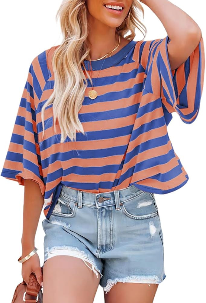 Dokotoo Tops for Women Striped 2026 Fashion T Shirts for Women Color Block Crewneck Design Loose ... | Amazon (US)