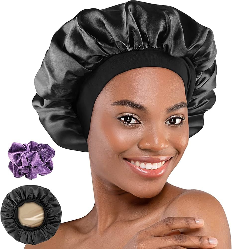 Hafree Silk Satin Bonnet, Hair Wrap Adjustable Sleep Cap with 2 Pieces of Scrunchies for Women Me... | Amazon (US)