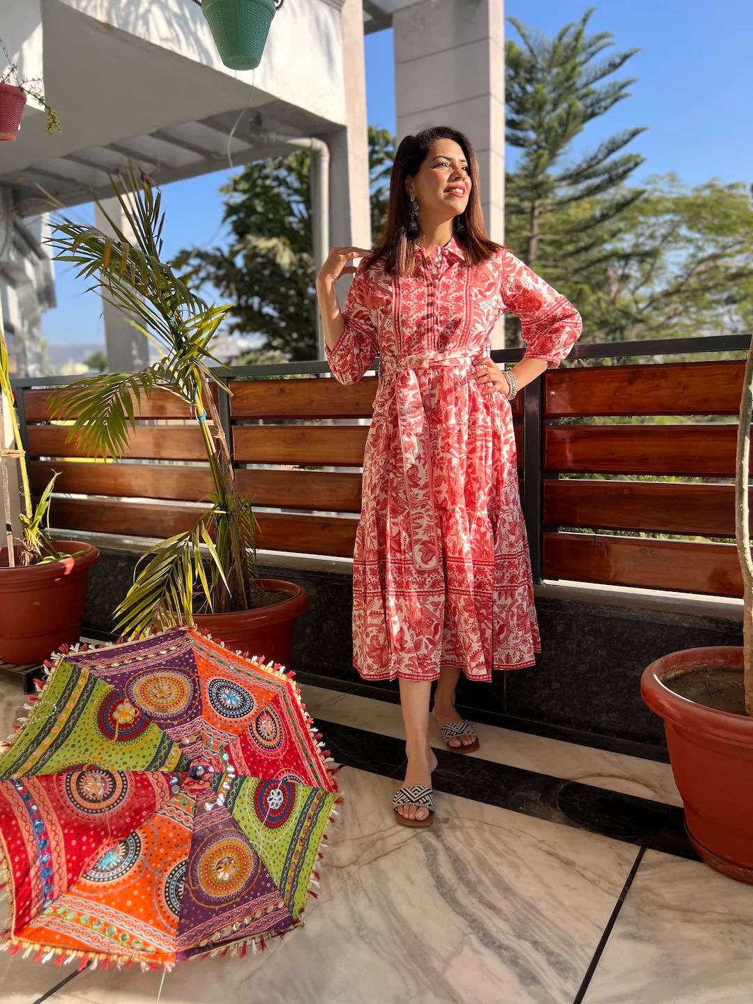 Hand Block Printed Dress Summer Midi Dress Cotton Floral Dress Coral & White Dress Handmade in In... | Etsy (US)