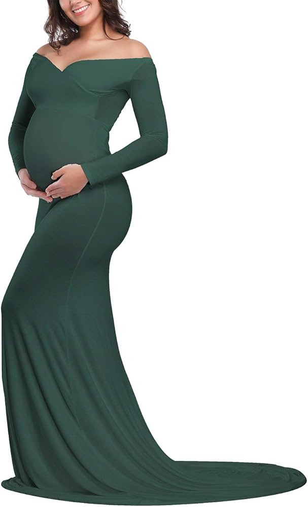 JustVH Maternity Elegant Fitted Maternity Gown Long Sleeve Cross-Front V Neck Slim Fit Maxi Photo... | Amazon (CA)