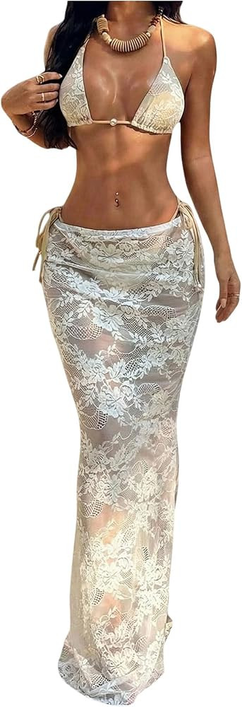 Women's 3 Piece Bikini Set Floral Lace Triangle Swimsuits High Cut Bathing Suit with Coverup Skir... | Amazon (US)