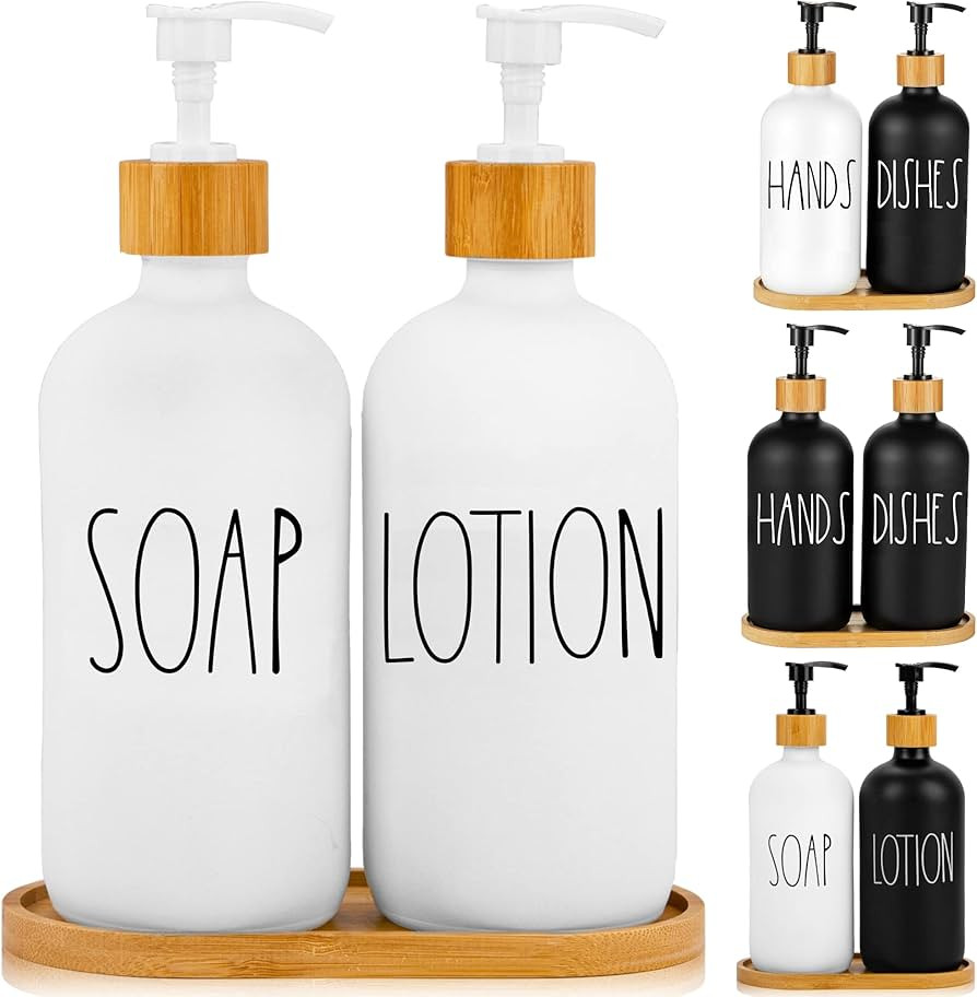 Soap Dispenser Bathroom Set by Brighter Barns - Hand Soap and Lotion Dispenser Set with Tray - Gl... | Amazon (US)