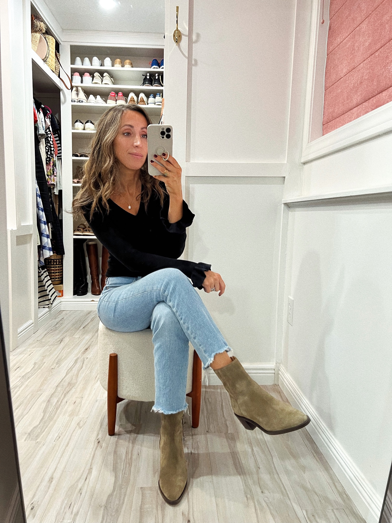 Booties on sale and tts. Love this color!! 
Jeans run a tad big but are comfy (exact shade old, available in others). 
Necklace on sale. 
Sweater old  