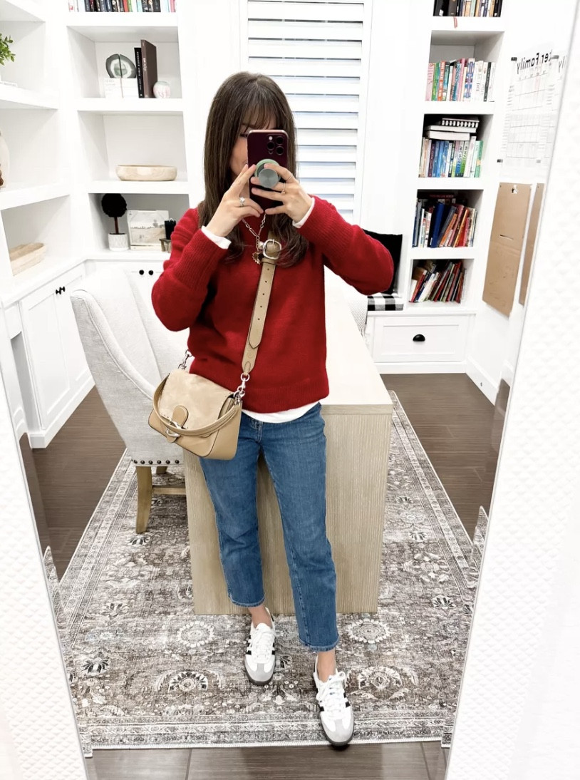 Love this pop of red! 

Holiday outfit inspo, winter fashion, trendy outfit inspo, casual outfits, mom style, sweaters, mom jeans, crossbody purse

#LTKStyleTip #LTKHoliday #LTKSeasonal