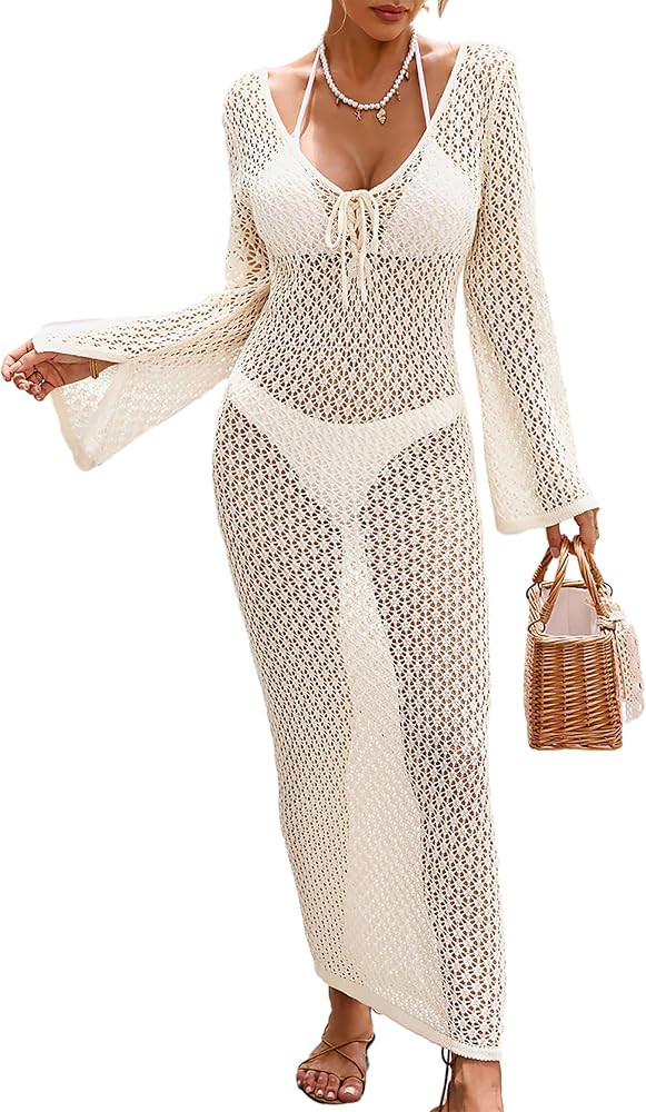 Womens Swimsuit Crochet Cover Up Knit Long Sleeve Swimwear Bikini Coverups 2026 Summer Vacation M... | Amazon (US)