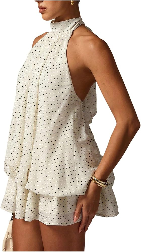 Women's Polka Dots Halter Mini Dress Y2k Ruffle Drop Waist Evening Party Cocktail Dresses | Amazon (US)