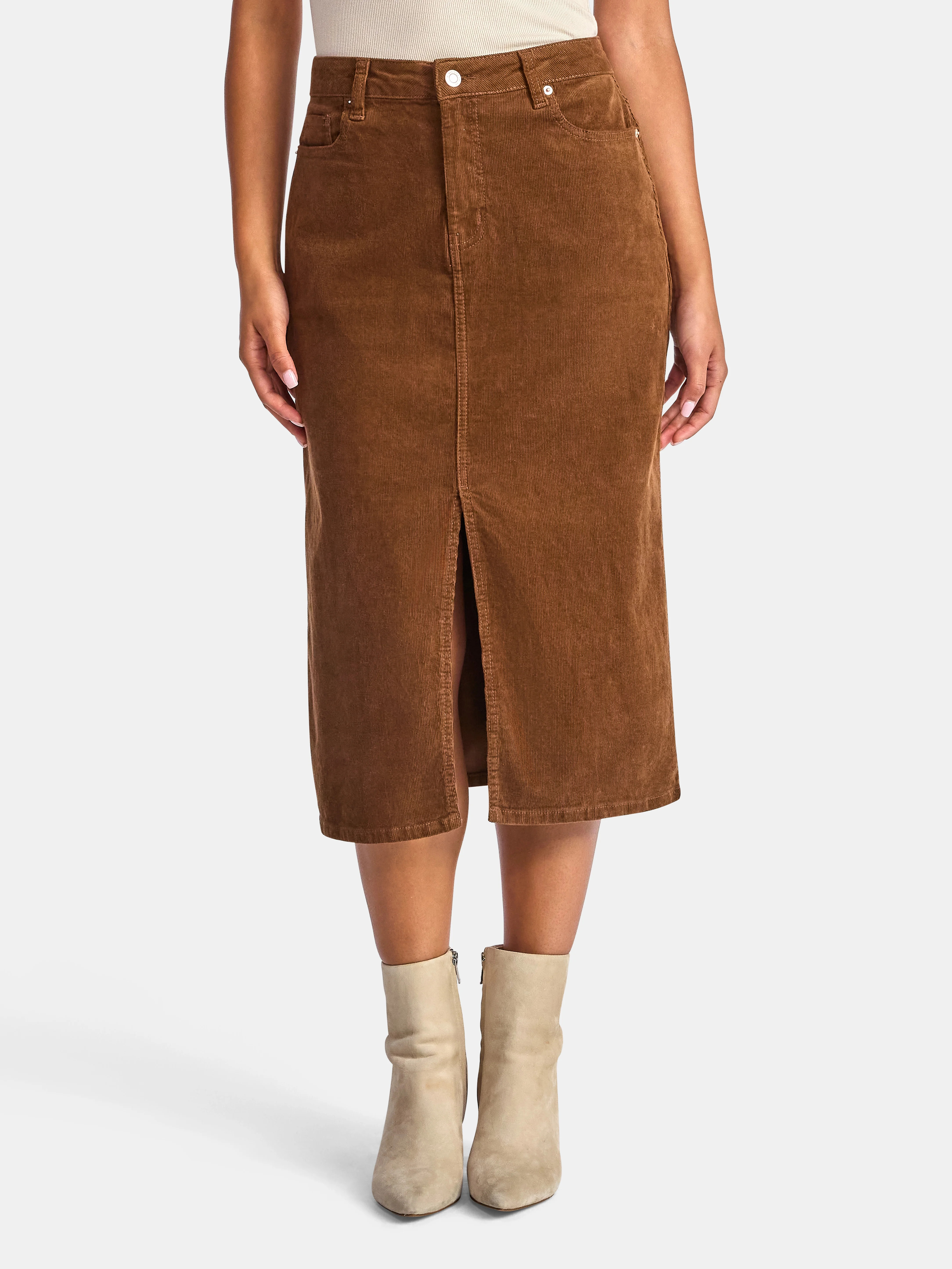 Time and Tru Women's Corduroy Midi Skirt with Front Slit, Sizes 0-20 | Walmart (US)