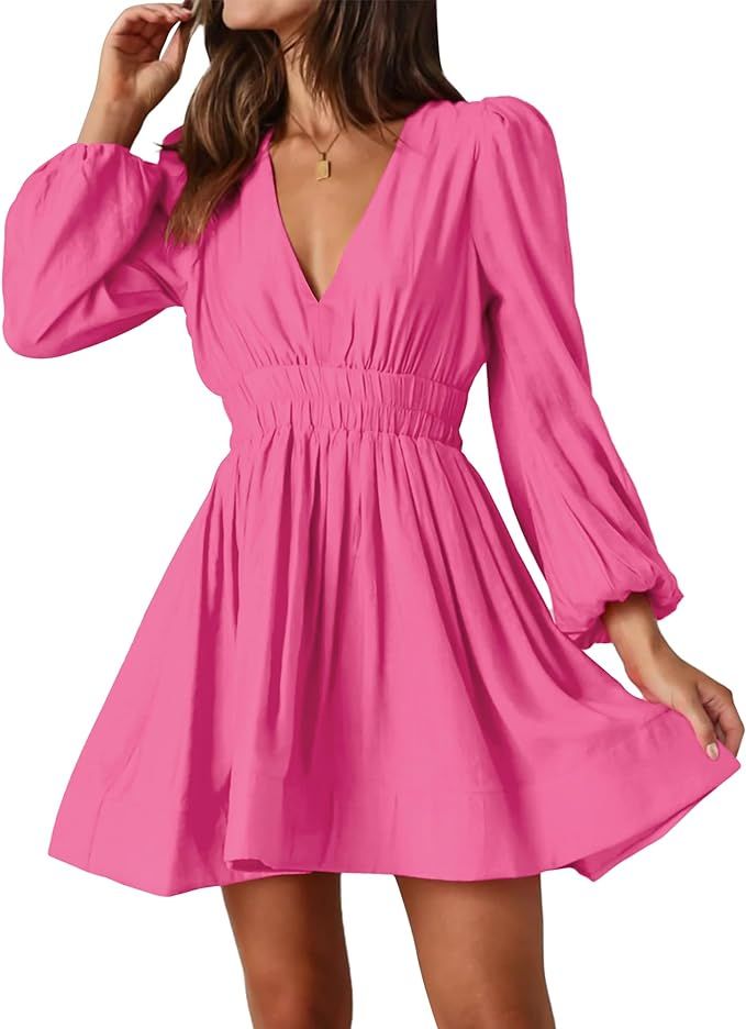 Mini Dress Deep V Sexy Dress Long Sleeve Dress for Women A-line High Waisted Casual Flowy Dress | Amazon (US)