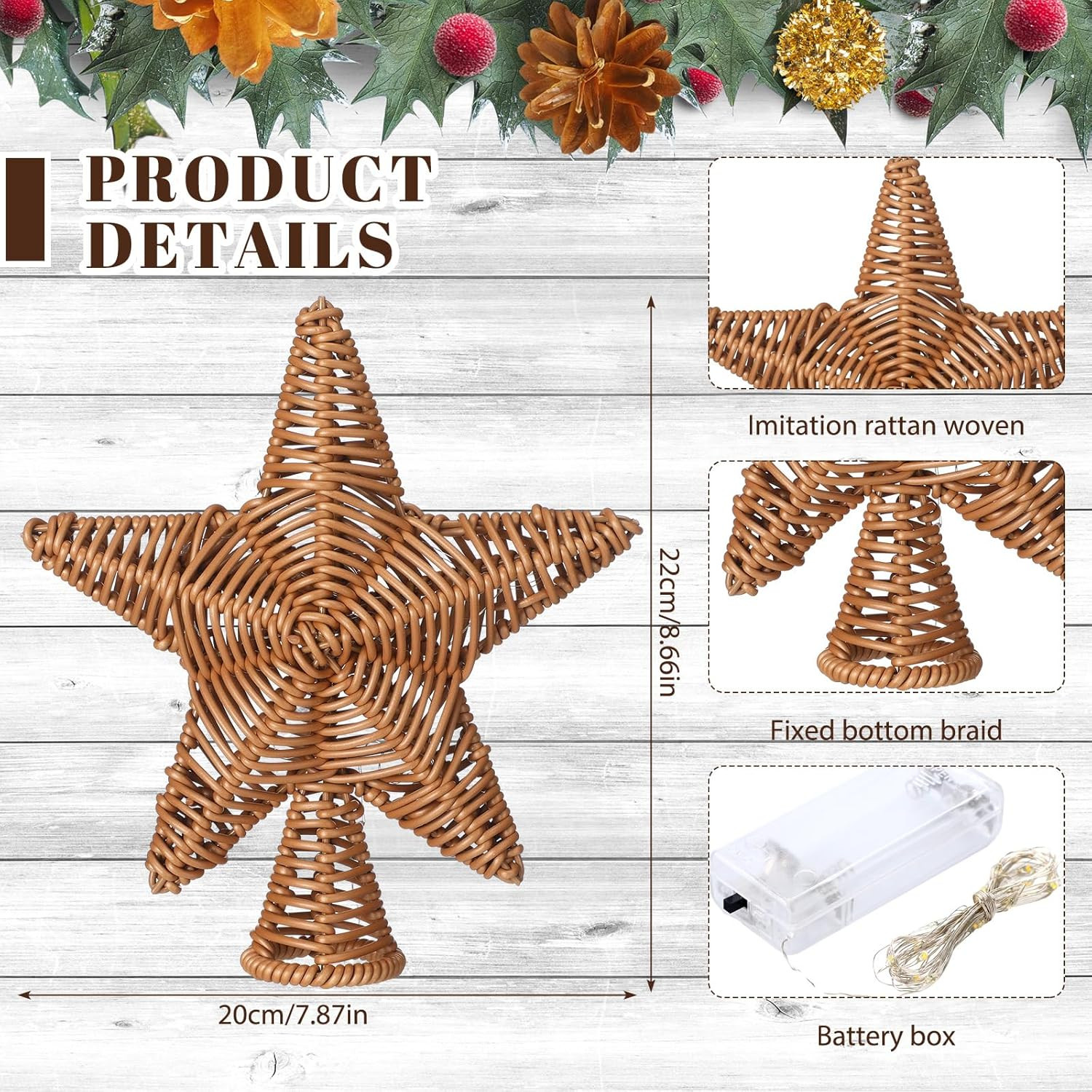 Hoteam Christmas Rattan Star Tree Topper 8 Inch Faux Rattan Star Tree Topper with Warm Lights Rus... | Amazon (US)