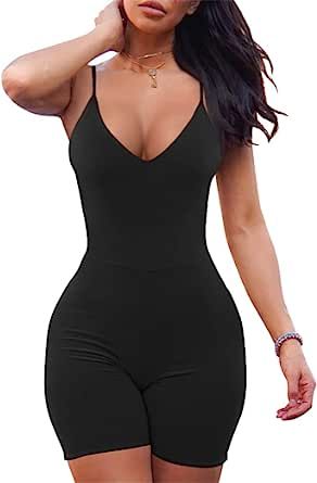 LAGSHIAN Women Sexy Spaghetti Strap V Neck Romper Sports Bodysuit One Piece Short Jumpsuit | Amazon (US)