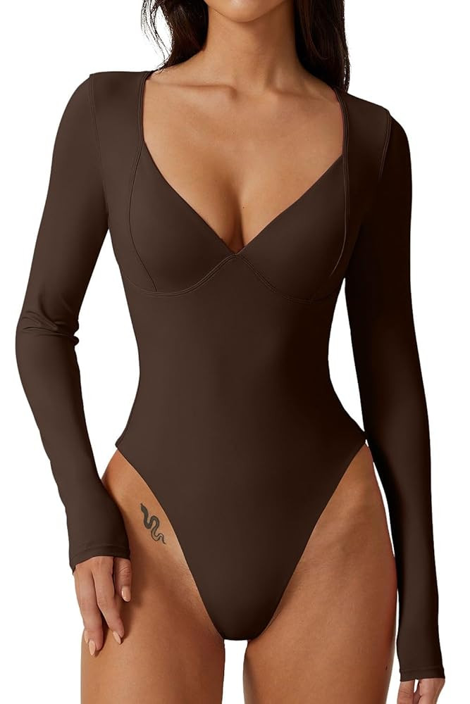 QINSEN Women's Long Sleeve Bodysuit V Neck Body Suits Seamed Cup Going Out Tops Shirt | Amazon (US)