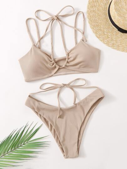 Rib Tie Front Halter Bikini Swimsuit | SHEIN
