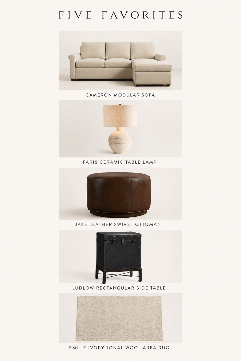 Neutral Home Favorites

Five timeless pieces I’m loving for a warm, collected home. A neutral sectional, textured ceramic lamp, rich leather ottoman, vintage-inspired side table and ivory wool rug — the perfect mix of classic, cozy and elevated.

#LTKSaleAlert #LTKHome