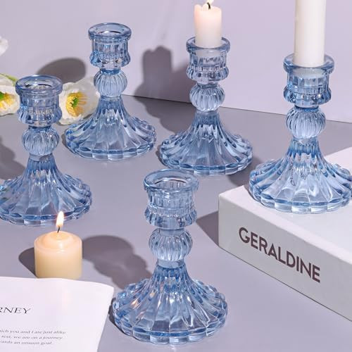 DARJEN 12PCS Blue Candlestick Holders Set- 4" H Taper Candle Holders, Glass Candle Holders Bulk f... | Amazon (US)