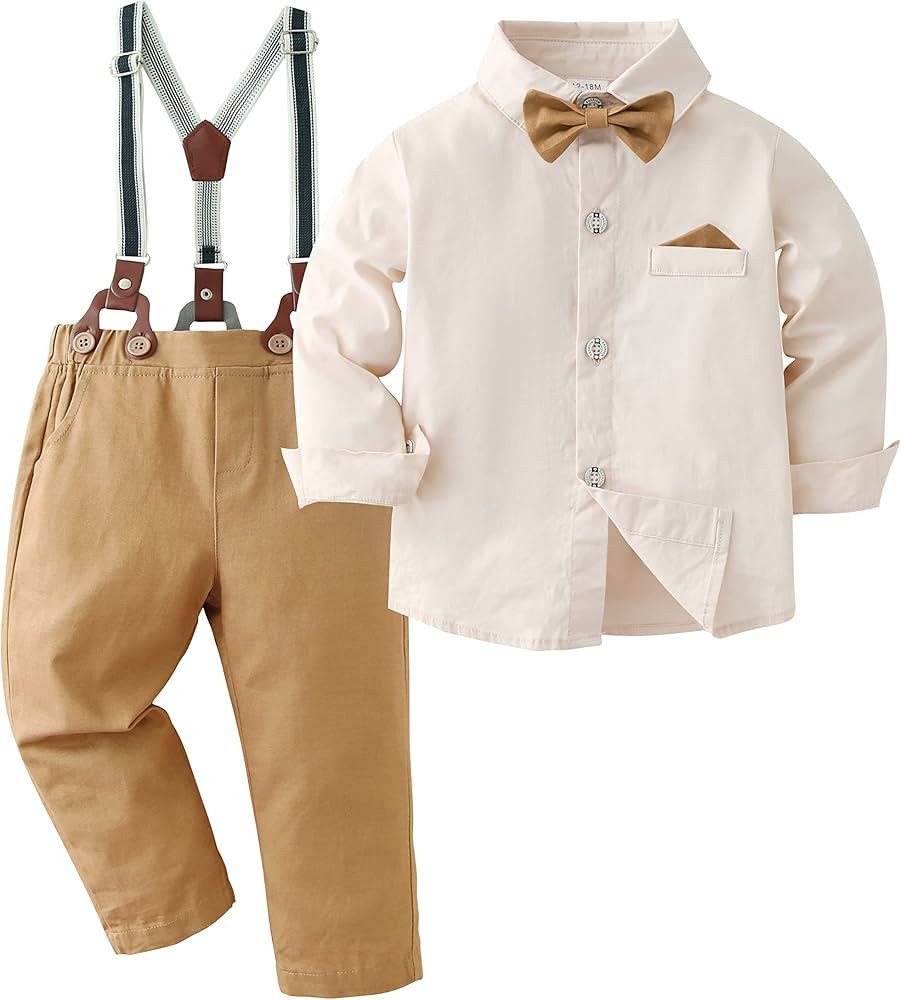DISAUR Baby Boy Clothes Suits, Toddler Dress Shirt With Bowtie + Suspender Pants Outfit Sets Gent... | Amazon (US)