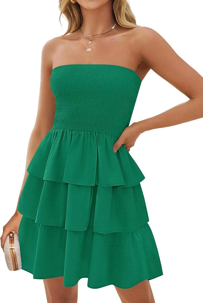 ZESICA Women's Summer Strapless Smocked Tube Dress 2025 Off Shoulder Ruffle Tiered Flowy Beach Bo... | Amazon (US)