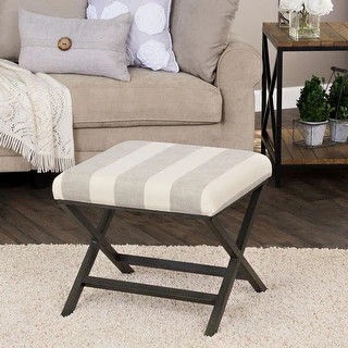 Alderson Upholstered Grey and Cream Striped Ottoman with Bronze Metal Finish | Bed Bath & Beyond