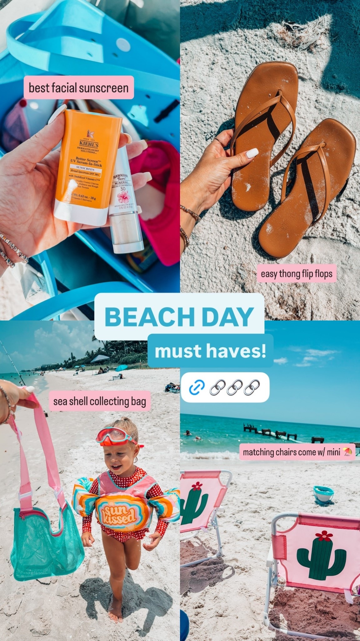 BEACH DAY must haves! best facial sunscreen easy thong flip flops sea shell collecting bag matching chairs come w/ mini ⛱️