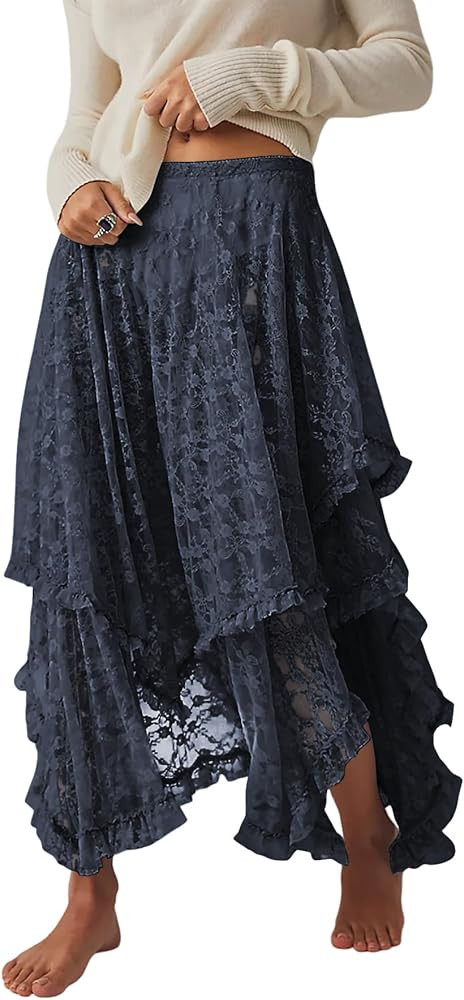 R.Vivimos Women Lace Long Skirts Summer Elastic Asymmetrical Layered Hem Sexy See-Through Beach F... | Amazon (US)