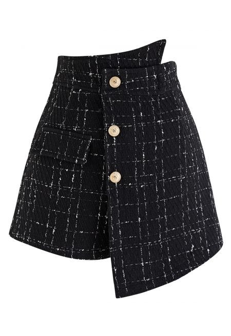 Grid Tweed Buttoned Flap Skorts in Black | Chicwish