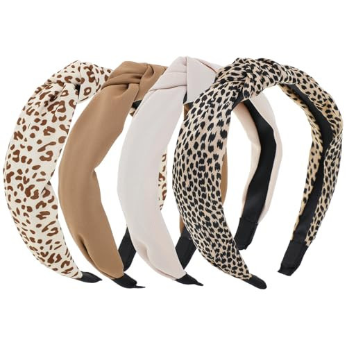 4 Pcs Top Knot Headband For Women Wide Head Bands For Women's Hair Knotted Non-Slip Knotted Headbands With Leopard Print Wide Top Knot Hair Hoops For Women Beige Brown Hair Accessories Set | Amazon (US)