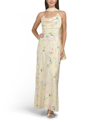 Floral Printed Satin Gown With Neck Scarf | TJ Maxx