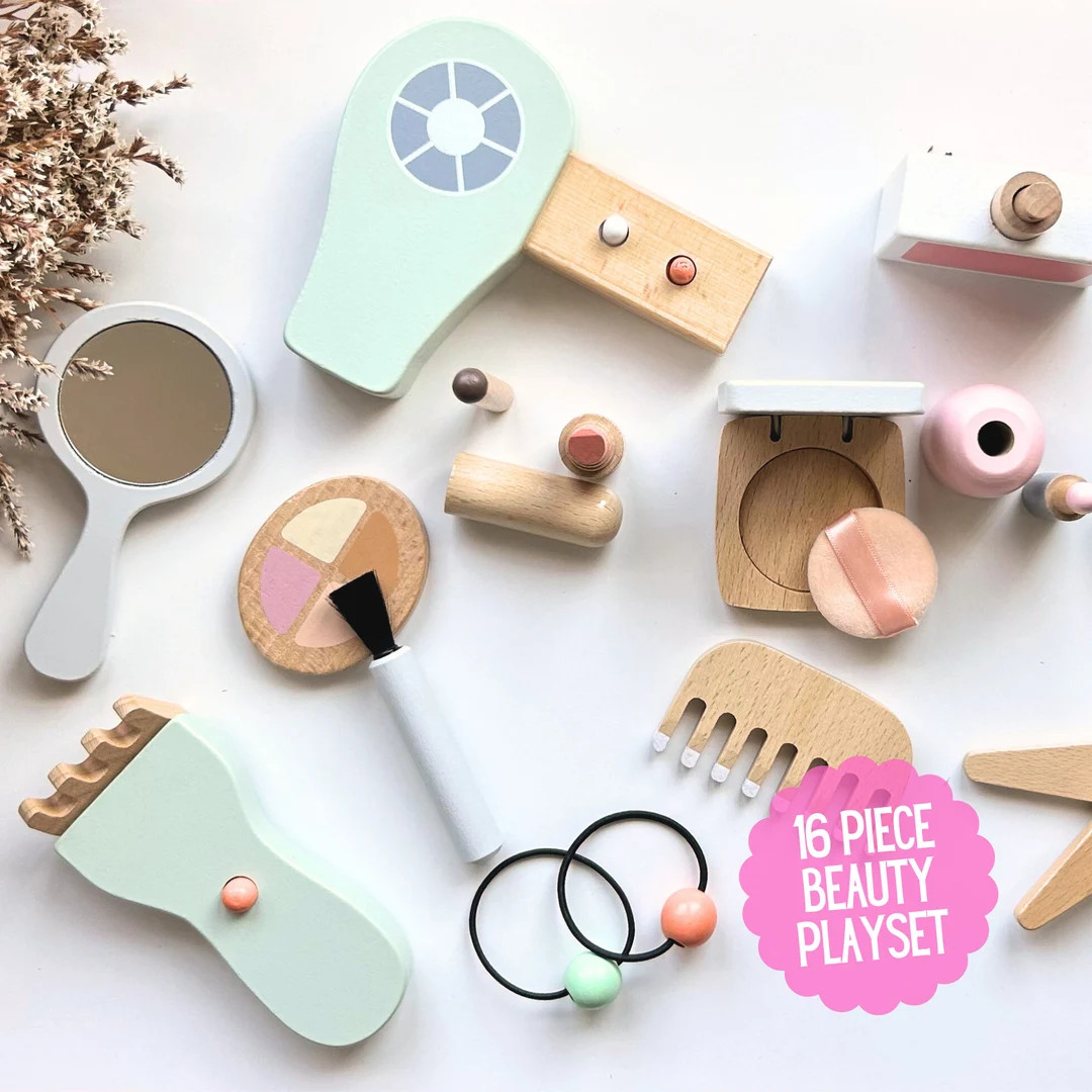 Personalized Wooden 16pc Beauty Play Set for Kids, Makeup Kit, Hair Salon, Pretend Play, Custom N... | Etsy (US)