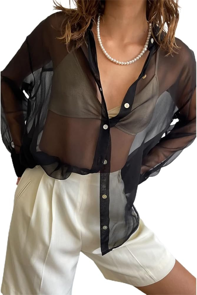 Women’s Sheer Button Up Shirt Y2K Long Sleeve Lapel V Neck Mesh Top Vintage See Through Basic B... | Amazon (US)