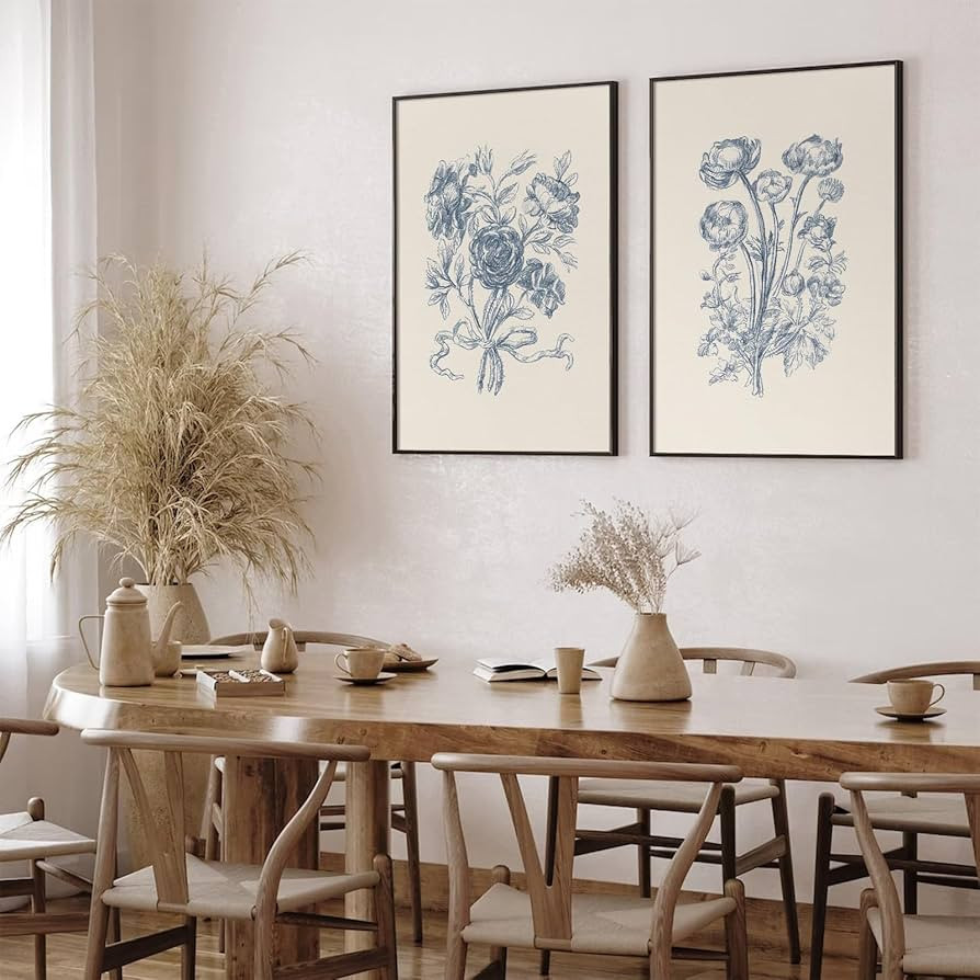 Blue Floral Wall Art Decor Vintage Flower Canvas Pictures Boho Botanical Wall Art Prints Minimali... | Amazon (US)