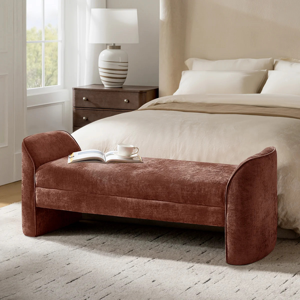 Arlesia Modern 57"W Chenille Fabric Easy Assembly Upholstered Bench | Wayfair North America