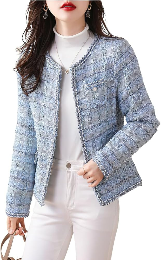 chouyatou Women's Elegant Open Front Tweed Jacket Slim Collarless Bussiness Casual Blazer Jacket | Amazon (US)